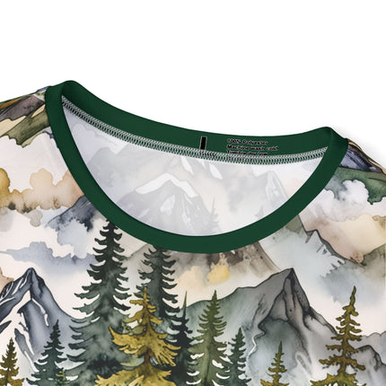 The neck of a soft polyester sports jersey featuring a watercolor pattern of mountain peaks and clouds.