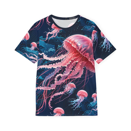 The front of a soft polyester sports jersey featuring pink deep sea jellyfish on dark blue background.