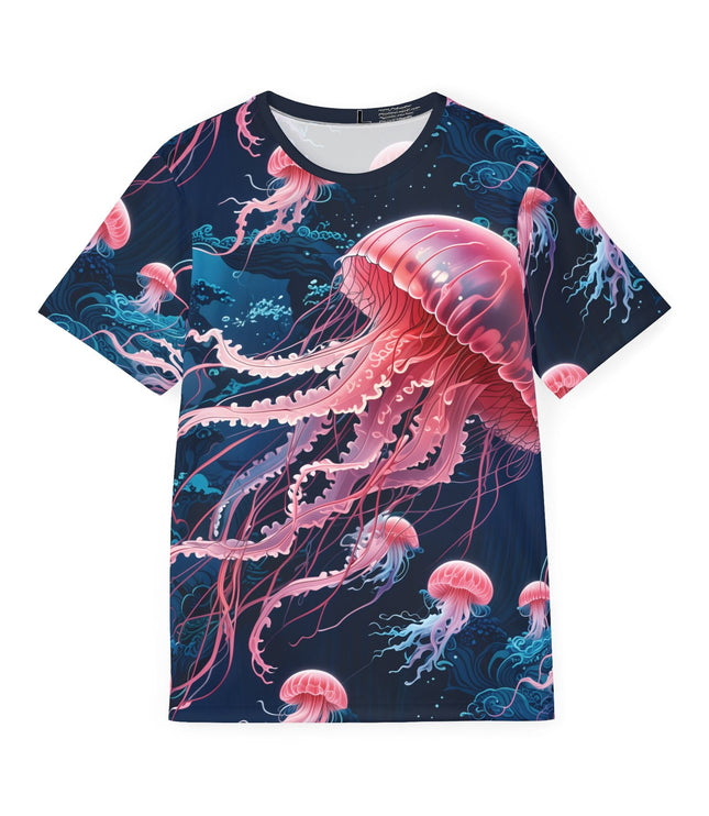 The front of a soft polyester sports jersey featuring pink deep sea jellyfish on dark blue background.
