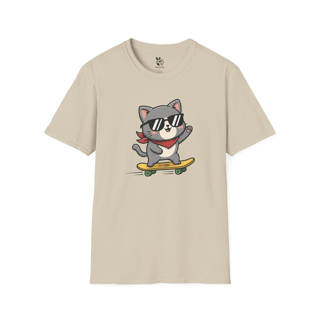 Radical Skateboard Kitty Soft Cotton Unisex T-Shirt in Sand .