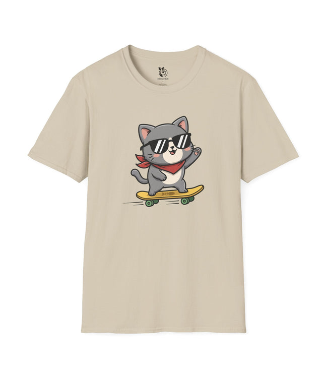 Radical Skateboard Kitty Soft Cotton Unisex T-Shirt in Sand .