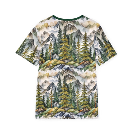 The back of a soft polyester sports jersey featuring a watercolor pattern of mountain peaks and clouds.