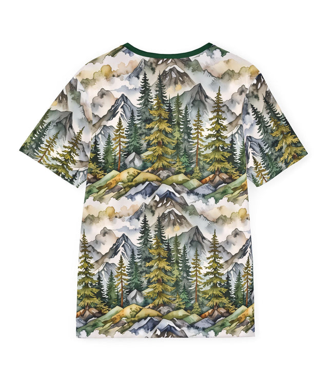 The back of a soft polyester sports jersey featuring a watercolor pattern of mountain peaks and clouds.