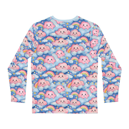 The back of a Long-sleeve shirt with a pastel happy pink cloud and rainbow pattern