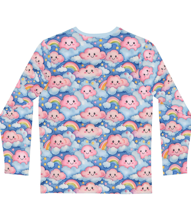 The back of a Long-sleeve shirt with a pastel happy pink cloud and rainbow pattern