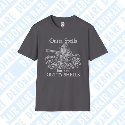 A gray t-shirt showing a wizard who's out of spells but not out of shotgun shells