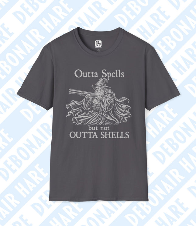 A gray t-shirt showing a wizard who's out of spells but not out of shotgun shells