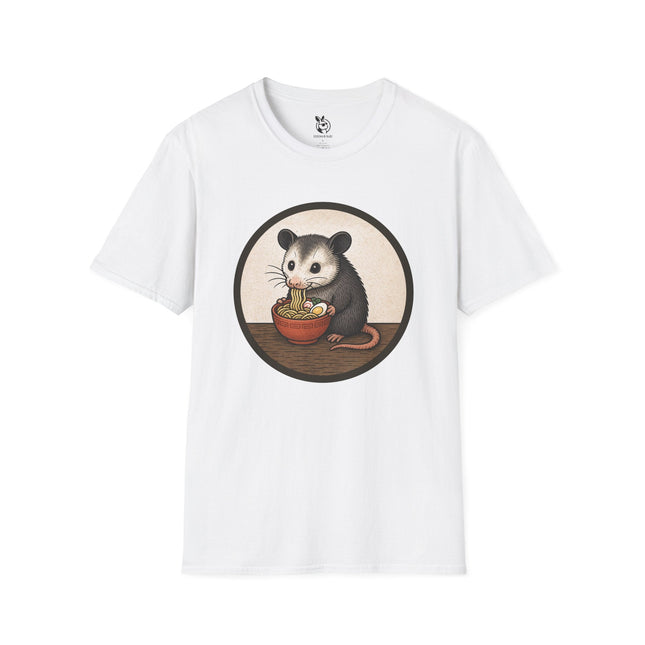 Possum Eating Ramen Noodles Unisex T-Shirt in White .