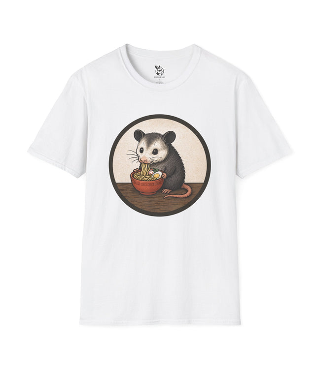 Possum Eating Ramen Noodles Unisex T-Shirt in White .
