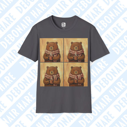 A gray t-shirt with four panes of a cocoa-loving bear with a scarf