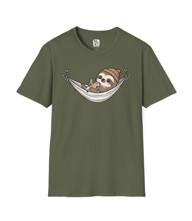 Cute Lazy Sloth Soft Cotton Unisex T-Shirt in Military Green .