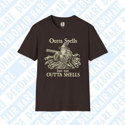 A brown t-shirt showing a wizard who's outta spells but not outta shotgun shells