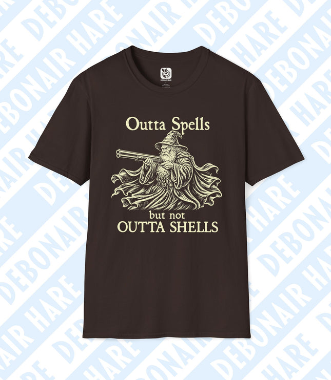 A brown t-shirt showing a wizard who's outta spells but not outta shotgun shells