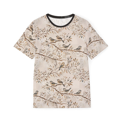 The front of a soft polyester sports jersey featuring a pattern of sparrows sitting on branches in a subdued palette.
