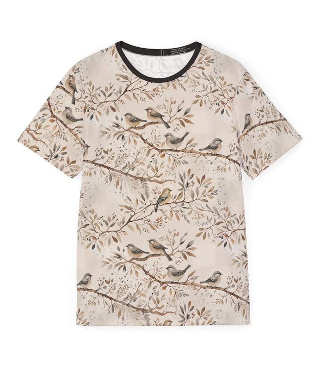 The front of a soft polyester sports jersey featuring a pattern of sparrows sitting on branches in a subdued palette.