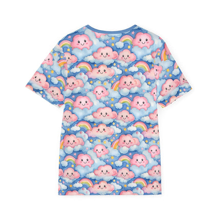 The back of a soft polyester sports jersey featuring a pastel pattern of happy pink clouds in a starry blue sky.