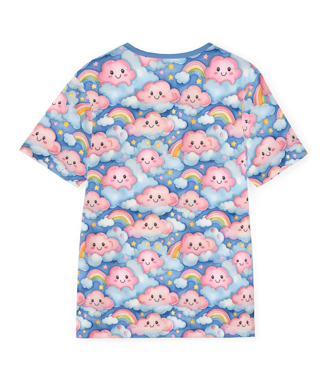 The back of a soft polyester sports jersey featuring a pastel pattern of happy pink clouds in a starry blue sky.