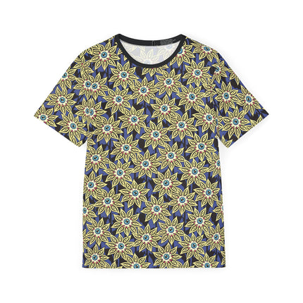 The front of a soft polyester sports jersey featuring a pattern of eyeballs with yellow flower petals.