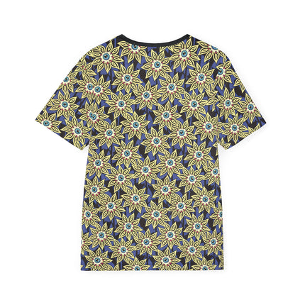 The back of a soft polyester sports jersey featuring a pattern of eyeballs with yellow flower petals.