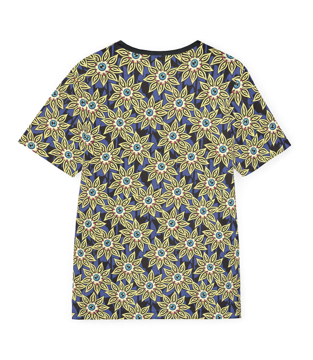 The back of a soft polyester sports jersey featuring a pattern of eyeballs with yellow flower petals.