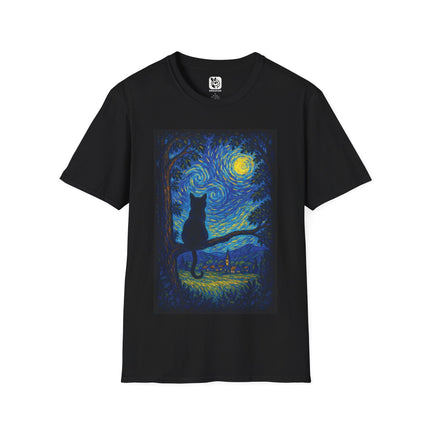 Starry Night Cat Landscape Unisex T-Shirt in Black .