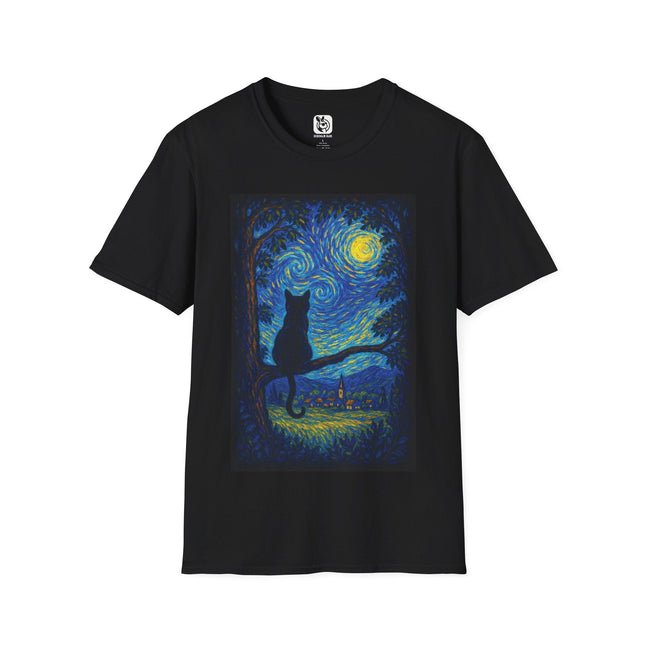 Starry Night Cat Landscape Unisex T-Shirt in Black .