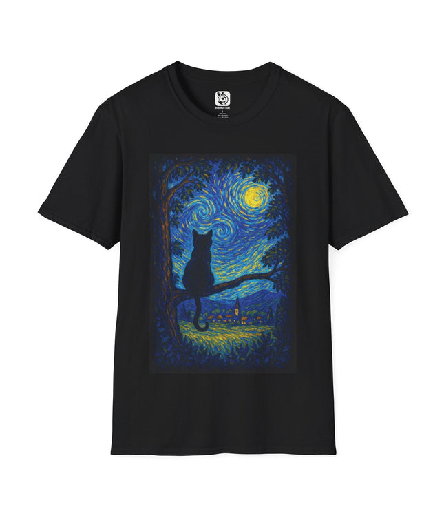 Starry Night Cat Landscape Unisex T-Shirt in Black .