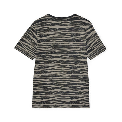 The back of a soft polyester sports jersey featuring an abalone and black horizontal stripe pattern.