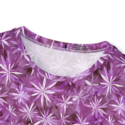 The neck of a soft polyester sports jersey featuring a fuchsia pattern of starbursts.