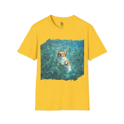 Happy Floating Swimming Corgi Unisex T-Shirt in Daisy .