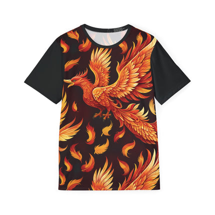 The front of a soft polyester sports jersey featuring a pattern of a red phoenix with floating feathers.