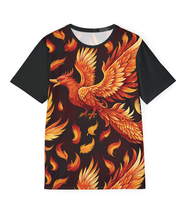 The front of a soft polyester sports jersey featuring a pattern of a red phoenix with floating feathers.