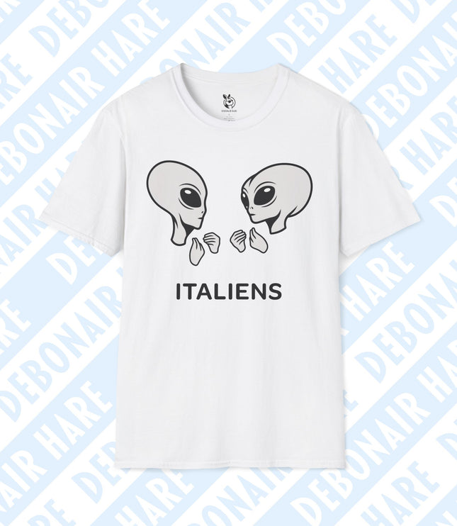 A white t-shirt depicting gesticulating aliens with the caption "ITALIENS"