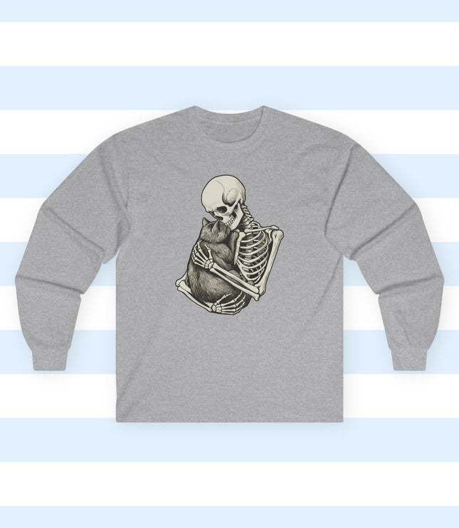 Gray longsleeve shirt with a graphic of a skeleton hugging a cat