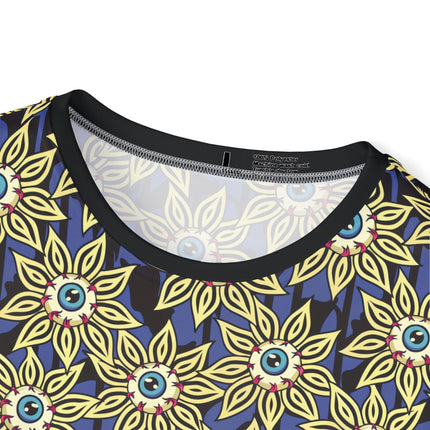 The neck of a soft polyester sports jersey featuring a pattern of eyeballs with yellow flower petals.