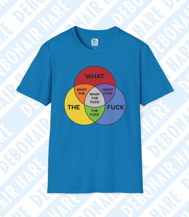 An aqua t-shirt with a venn diagram breaking down the phrase "what the fuck"
