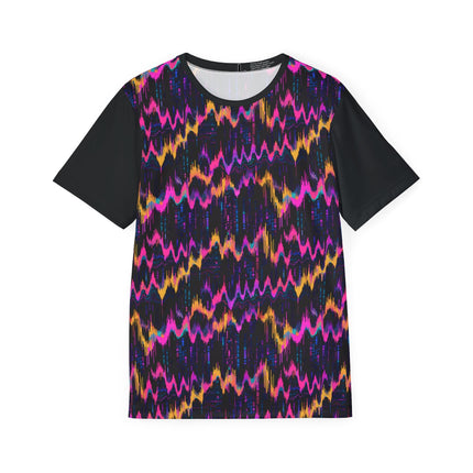 The front of a soft polyester sports jersey featuring a pattern of pink and orange glitch waves on a black background.