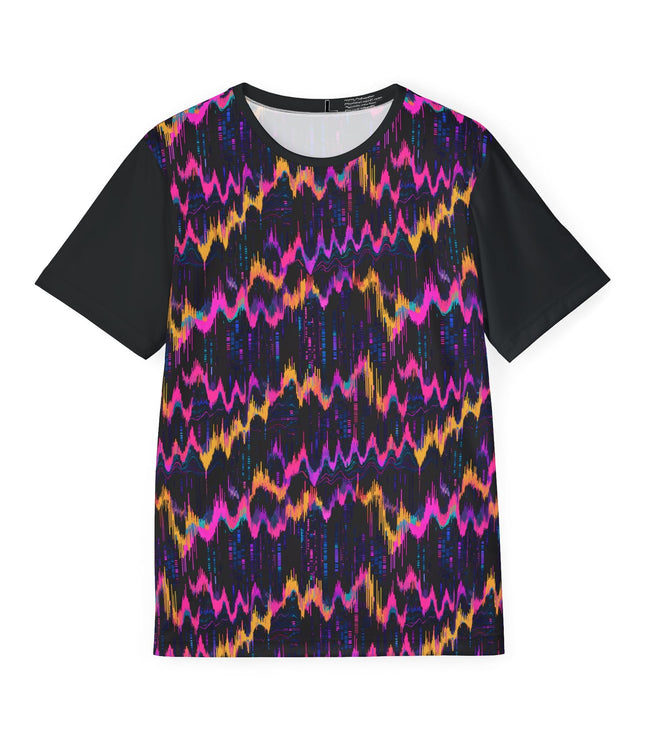 The front of a soft polyester sports jersey featuring a pattern of pink and orange glitch waves on a black background.