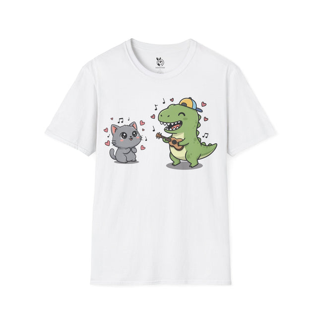Cute Kawaii Musician Dinosaur & Adoring Kitty Soft Cotton Unisex T-Shirt in White .