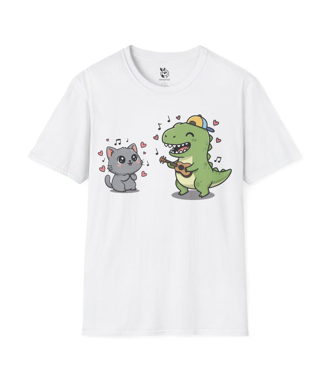 Cute Kawaii Musician Dinosaur & Adoring Kitty Soft Cotton Unisex T-Shirt in White .