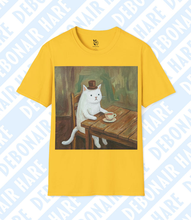 Yellow t-shirt with a graphic of a cat in a top hat sitting at a table