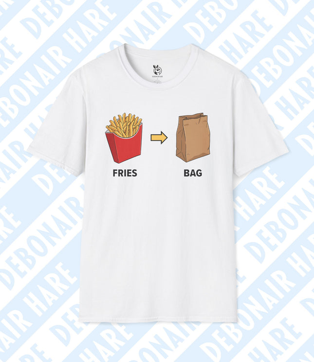 A white t-shirt depicting french fries pointing to a brown paper bag.