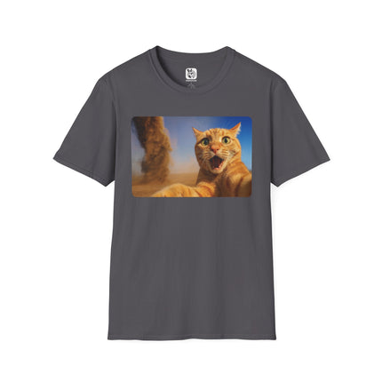 Gray t-shirt with a graphic of a cat freaking out over a tornado in the background.