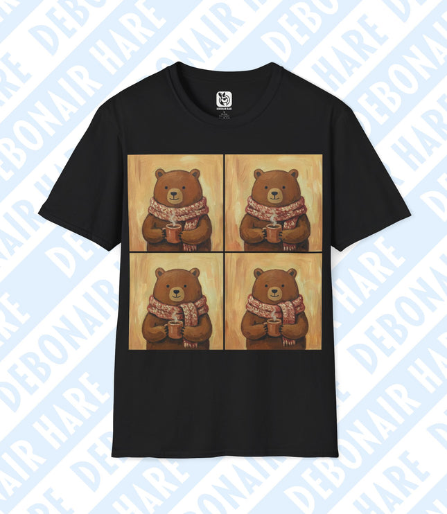 A charcoal t-shirt with four panes of a cocoa-loving bear with a scarf