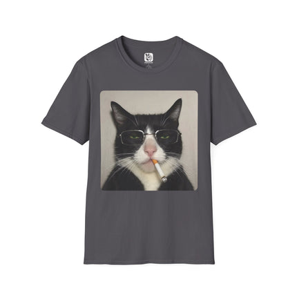 Gray t-shirt with a graphic of a cat wearing glasses and smoking a cigarette