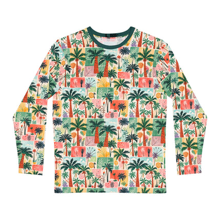 The front of a Long-sleeve shirt with a colorful palm tree tropical doodle pattern