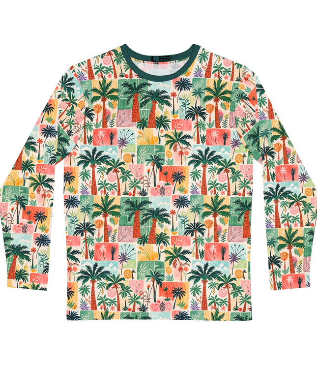 The front of a Long-sleeve shirt with a colorful palm tree tropical doodle pattern