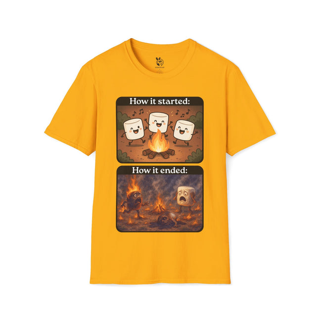 How It Started Vs. How It Ended Soft Cotton Unisex T-Shirt in Gold .