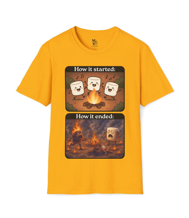 How It Started Vs. How It Ended Soft Cotton Unisex T-Shirt in Gold .