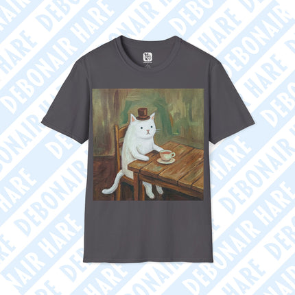 Gray t-shirt with a graphic of a cat in a top hat sitting at a table